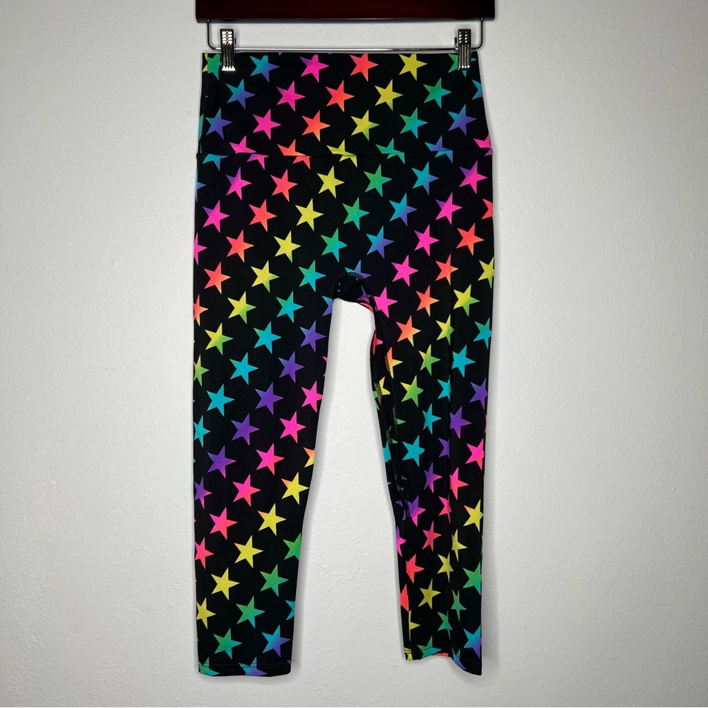 K-DEER Lucky Stars Rainbow Neon Leggings Women’s Sz XL Mudrun Funrun Paddleboard